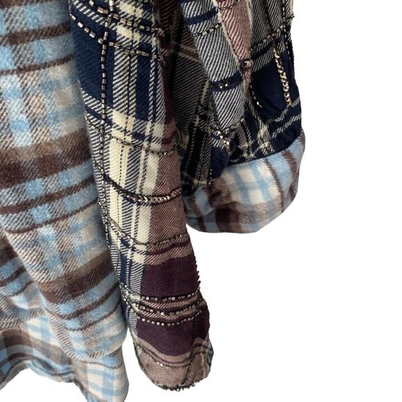 Free People Penny Plaid Mini Shirtdress Embellished Red Blue Beaded size Medium - Picture 8 of 15